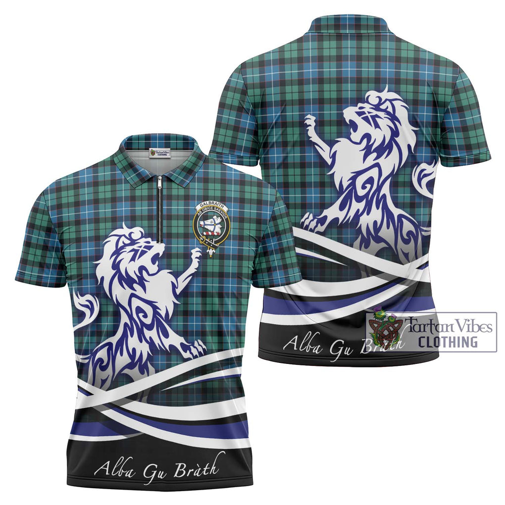 Galbraith Ancient Tartan Zipper Polo Shirt with Alba Gu Brath Regal Lion Emblem Unisex - Tartanvibesclothing Shop