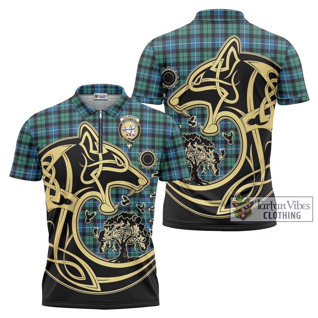 Galbraith Ancient Tartan Zipper Polo Shirt with Family Crest Celtic Wolf Style Unisex - Tartanvibesclothing Shop