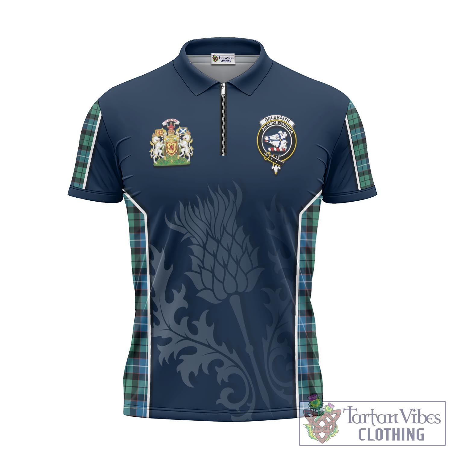 Tartan Vibes Clothing Galbraith Ancient Tartan Zipper Polo Shirt with Family Crest and Scottish Thistle Vibes Sport Style