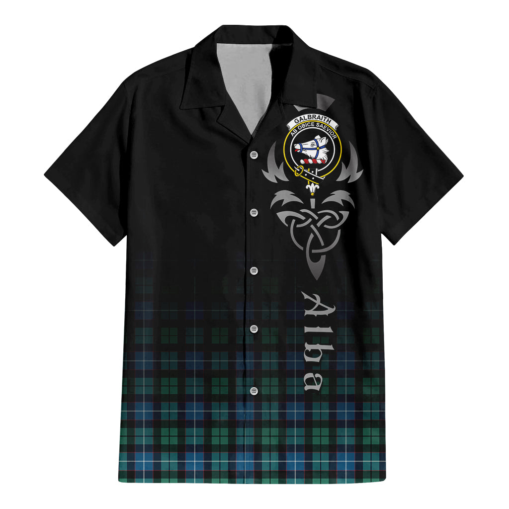 Tartan Vibes Clothing Galbraith Ancient Tartan Short Sleeve Button Up Featuring Alba Gu Brath Family Crest Celtic Inspired