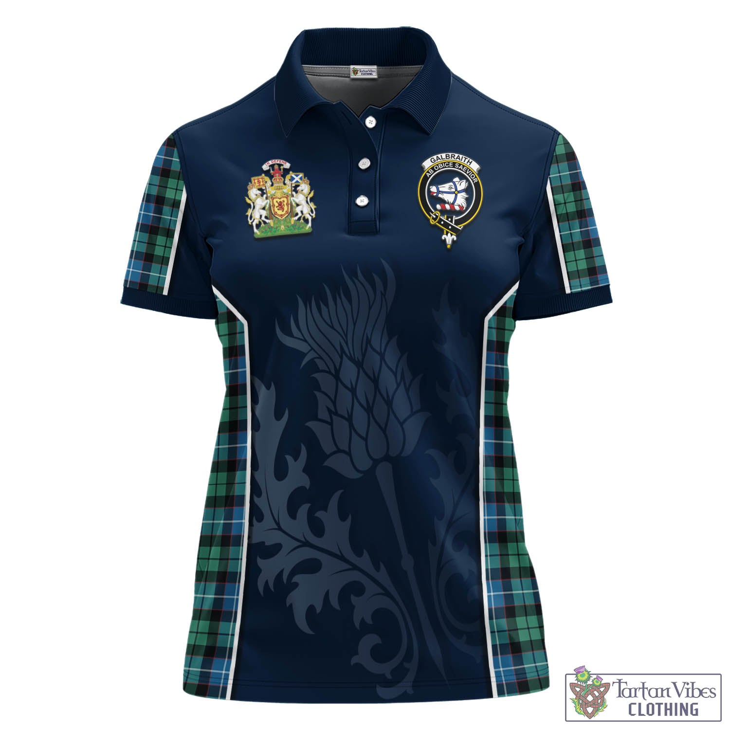 Tartan Vibes Clothing Galbraith Ancient Tartan Women's Polo Shirt with Family Crest and Scottish Thistle Vibes Sport Style