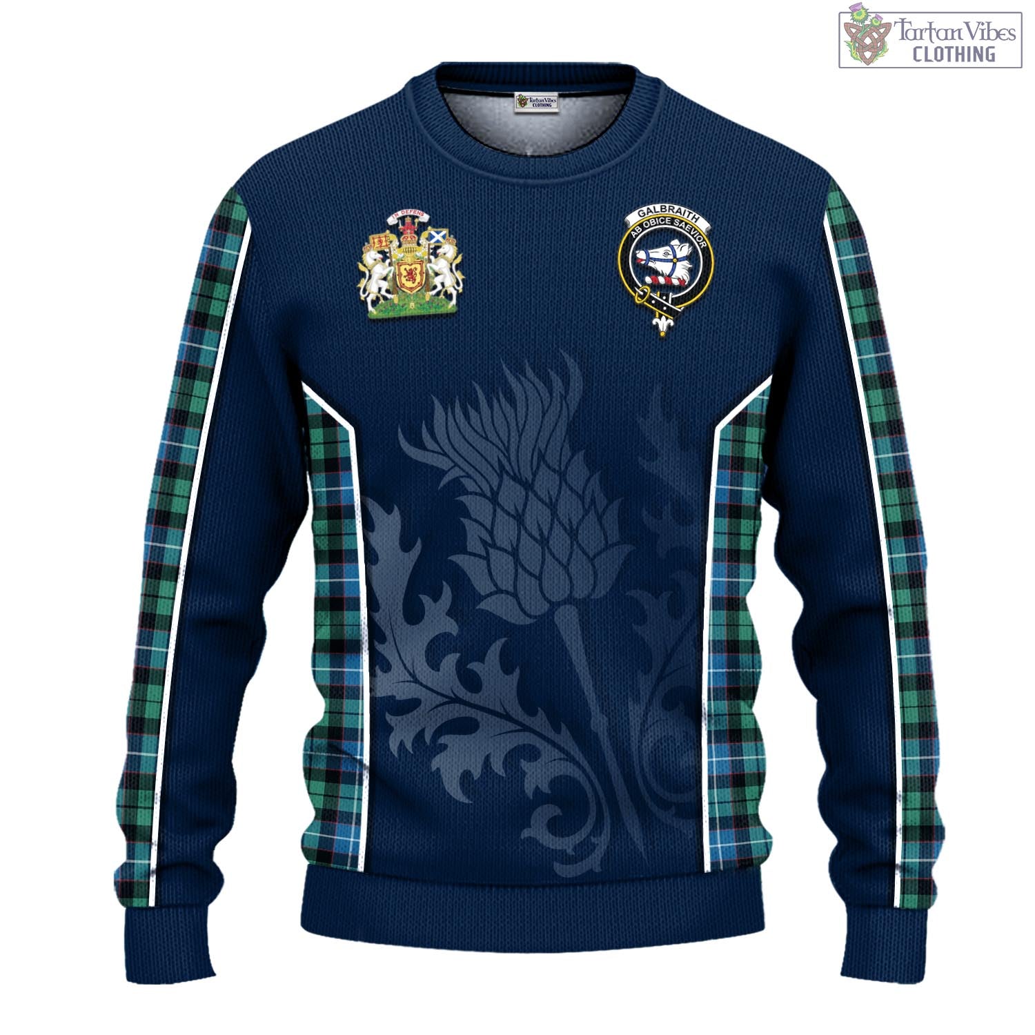 Tartan Vibes Clothing Galbraith Ancient Tartan Knitted Sweatshirt with Family Crest and Scottish Thistle Vibes Sport Style