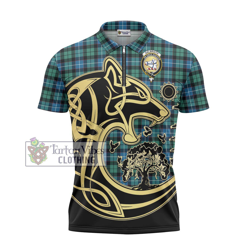 Galbraith Ancient Tartan Zipper Polo Shirt with Family Crest Celtic Wolf Style - Tartanvibesclothing Shop