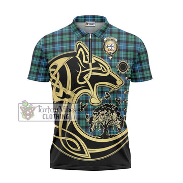 Galbraith Ancient Tartan Zipper Polo Shirt with Family Crest Celtic Wolf Style