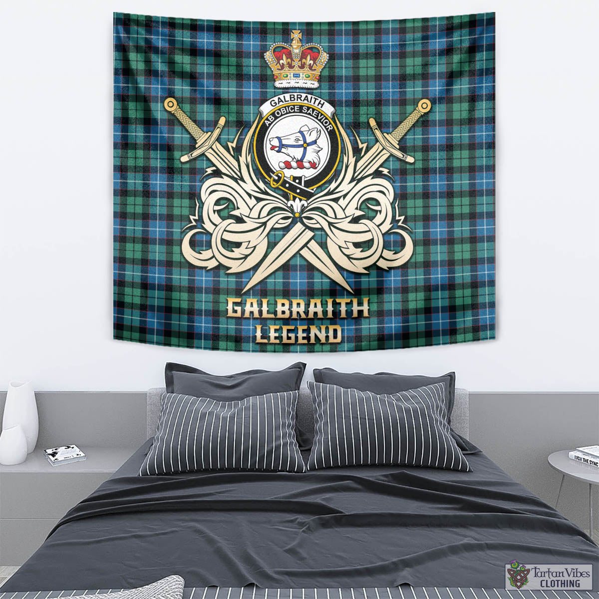 Tartan Vibes Clothing Galbraith Ancient Tartan Tapestry with Clan Crest and the Golden Sword of Courageous Legacy