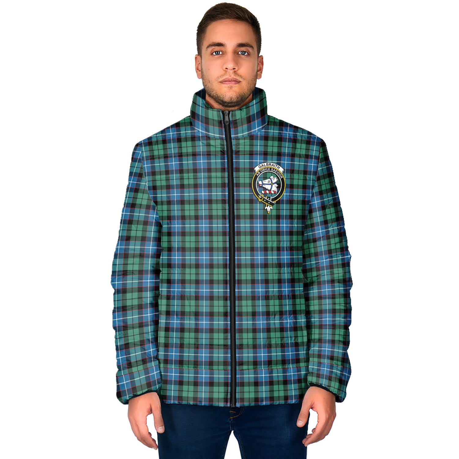 Galbraith Ancient Tartan Padded Jacket with Family Crest - Tartan Vibes Clothing