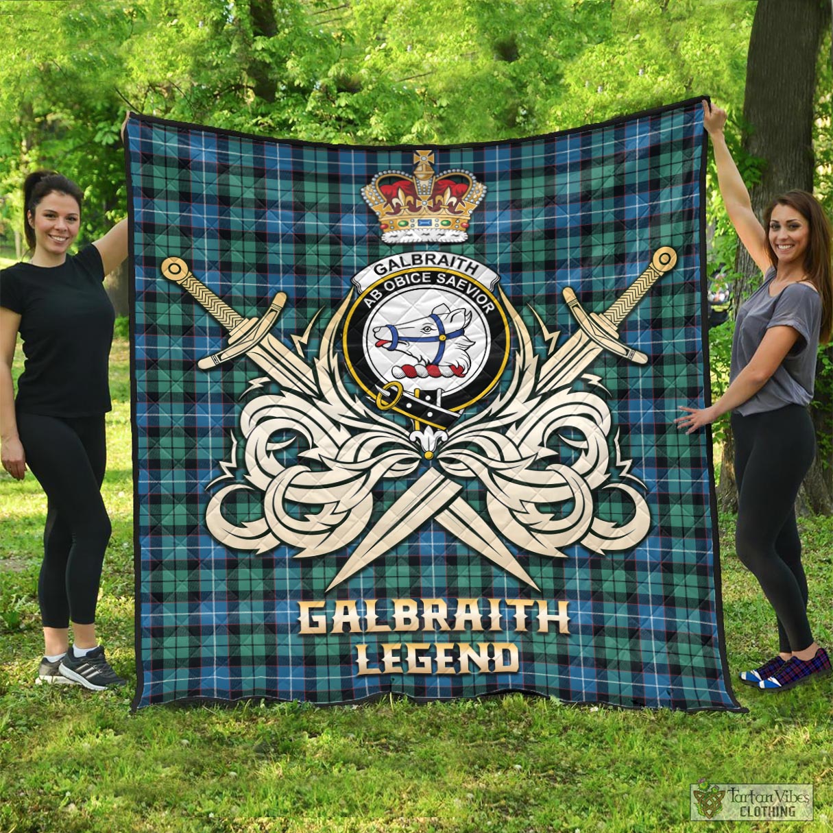 Tartan Vibes Clothing Galbraith Ancient Tartan Quilt with Clan Crest and the Golden Sword of Courageous Legacy