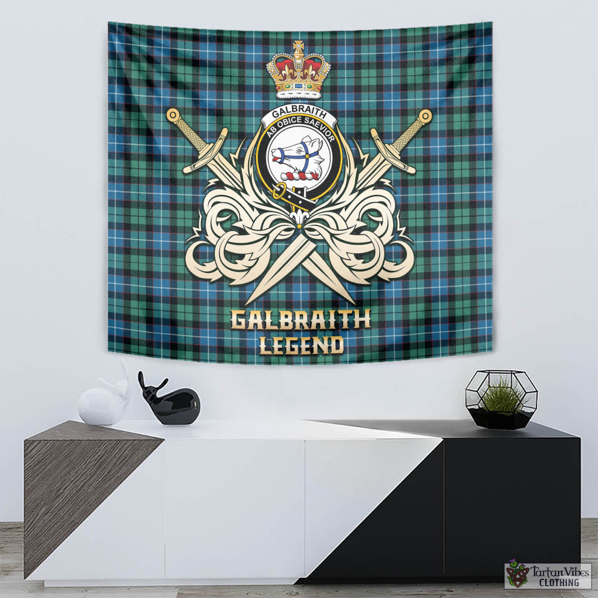 Tartan Vibes Clothing Galbraith Ancient Tartan Tapestry with Clan Crest and the Golden Sword of Courageous Legacy