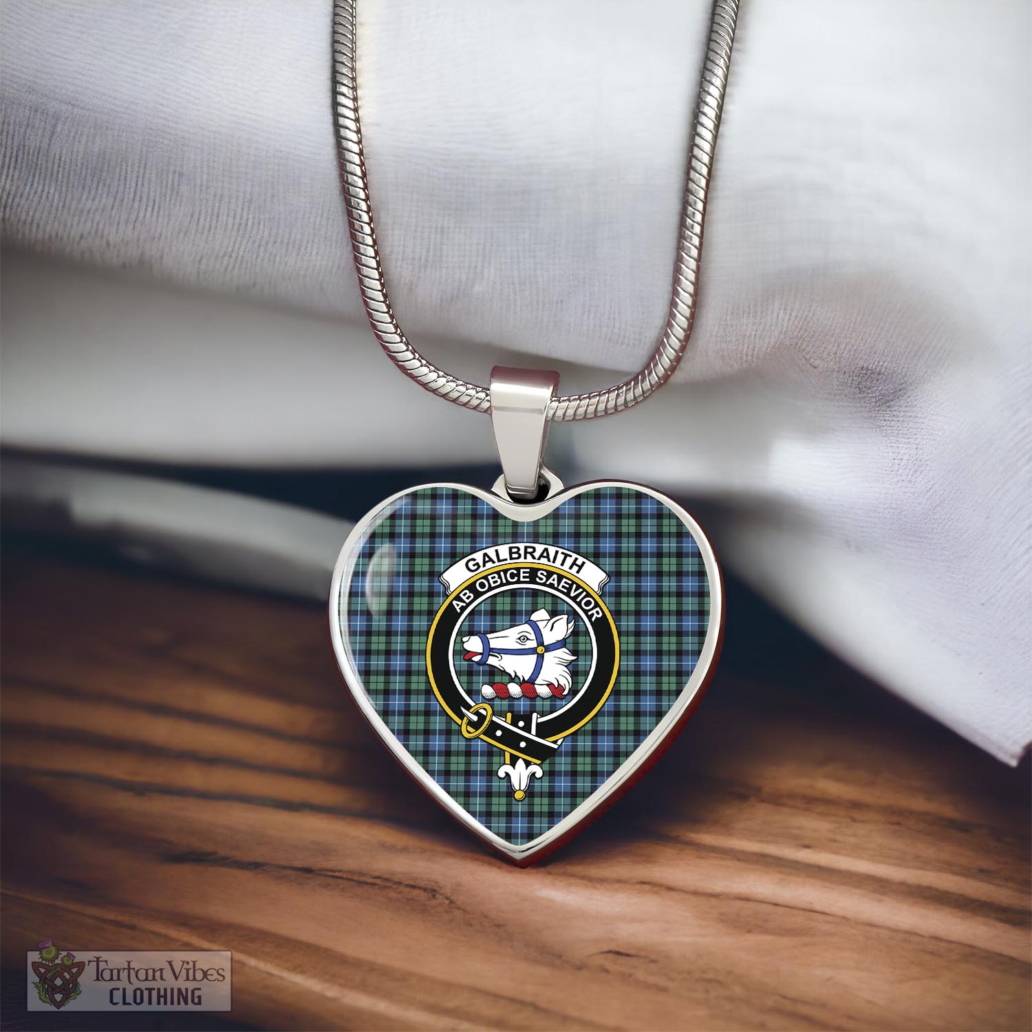 Tartan Vibes Clothing Galbraith Ancient Tartan Heart Necklace with Family Crest