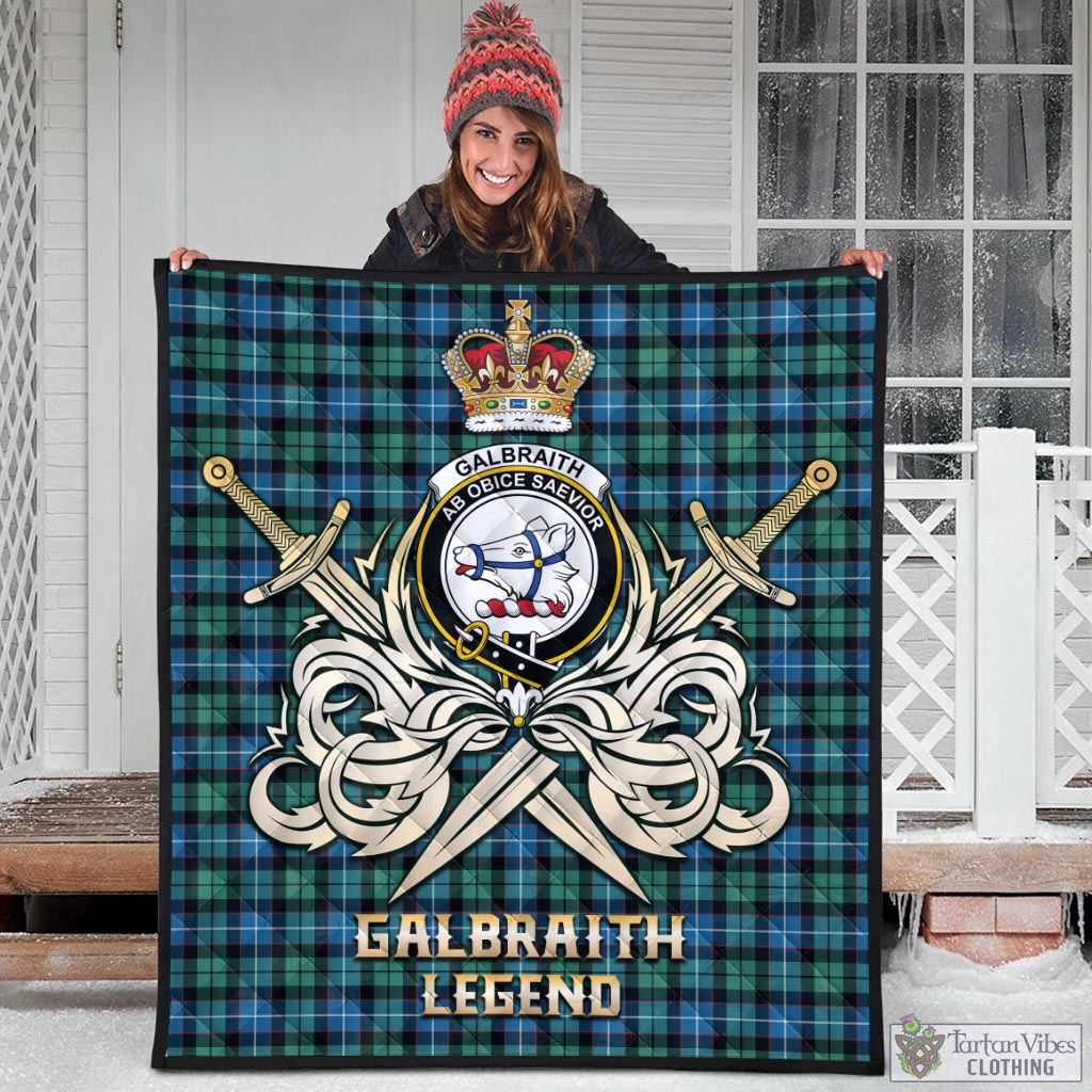 Tartan Vibes Clothing Galbraith Ancient Tartan Quilt with Clan Crest and the Golden Sword of Courageous Legacy