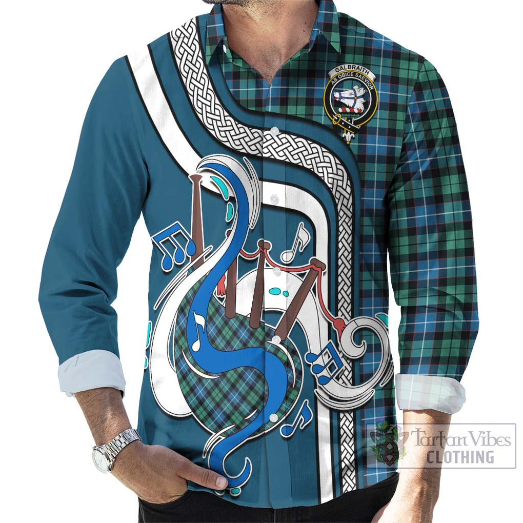 Galbraith Ancient Tartan Long Sleeve Button Shirt with Epic Bagpipe Style - Tartanvibesclothing Shop