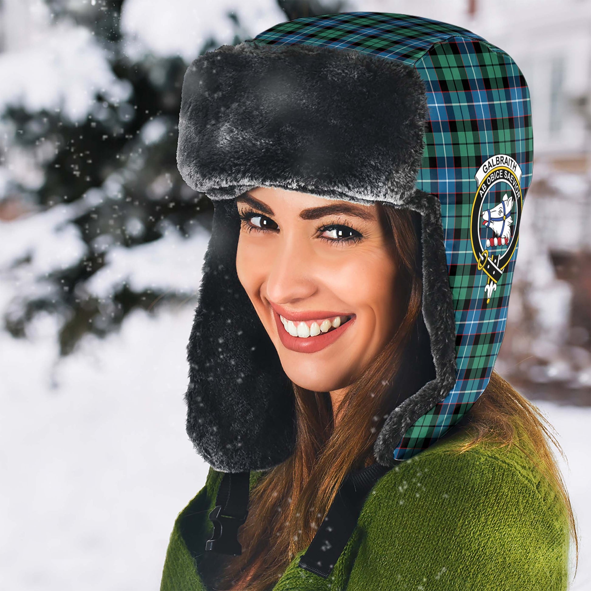 Galbraith Ancient Tartan Winter Trapper Hat with Family Crest - Tartanvibesclothing