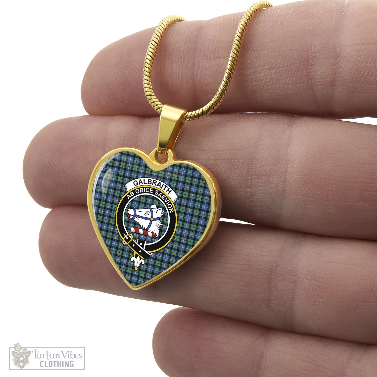 Tartan Vibes Clothing Galbraith Ancient Tartan Heart Necklace with Family Crest