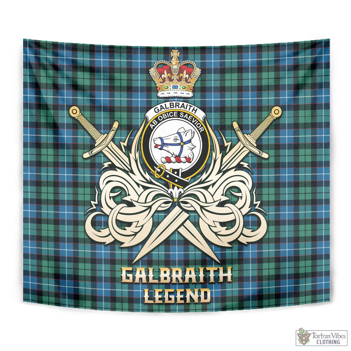 Tartan Vibes Clothing Galbraith Ancient Tartan Tapestry with Clan Crest and the Golden Sword of Courageous Legacy