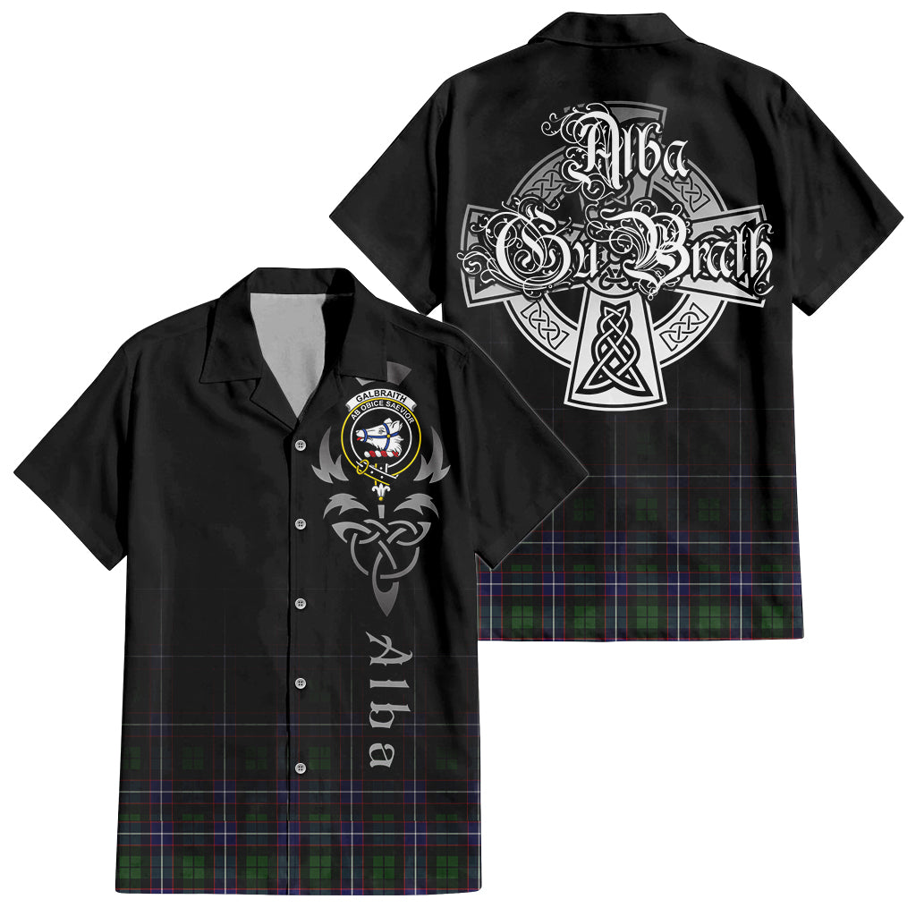 Tartan Vibes Clothing Galbraith Modern Tartan Short Sleeve Button Up Featuring Alba Gu Brath Family Crest Celtic Inspired