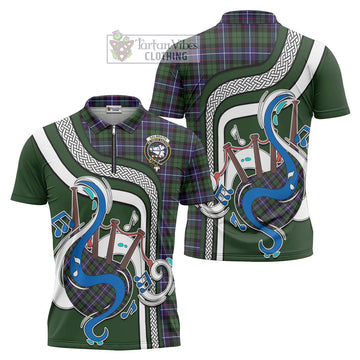 Galbraith Modern Tartan Zipper Polo Shirt with Epic Bagpipe Style