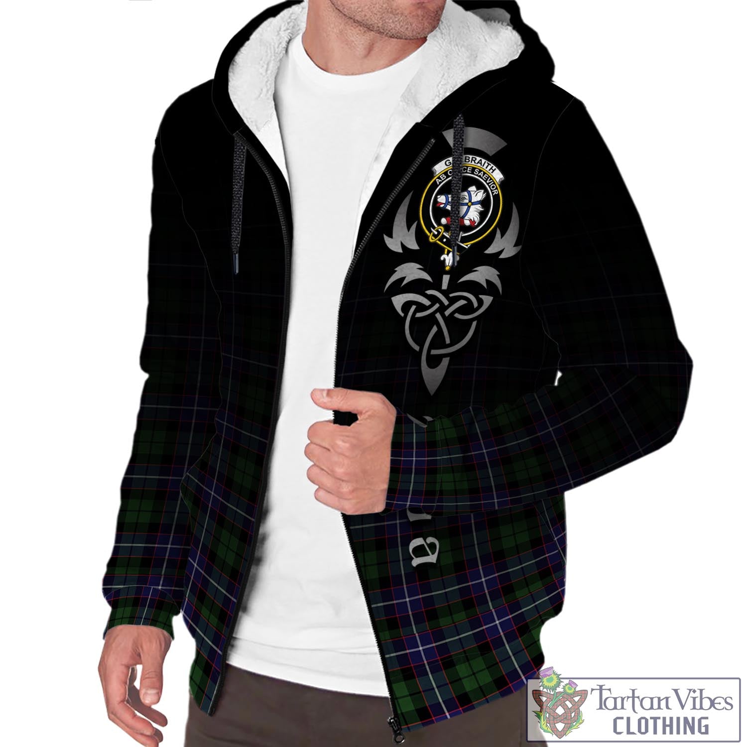 Tartan Vibes Clothing Galbraith Modern Tartan Sherpa Hoodie Featuring Alba Gu Brath Family Crest Celtic Inspired