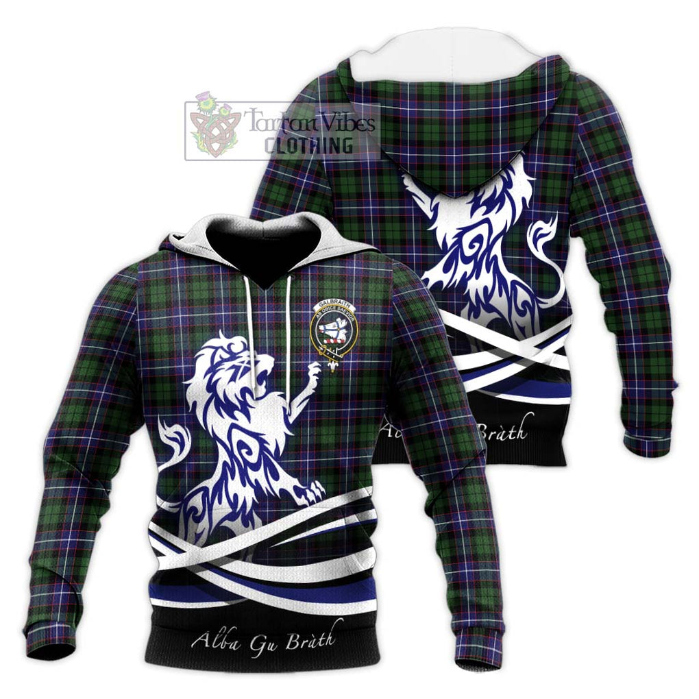 Galbraith Modern Tartan Knitted Hoodie with Alba Gu Brath Regal Lion Emblem Unisex Knitted Pullover Hoodie - Tartanvibesclothing Shop