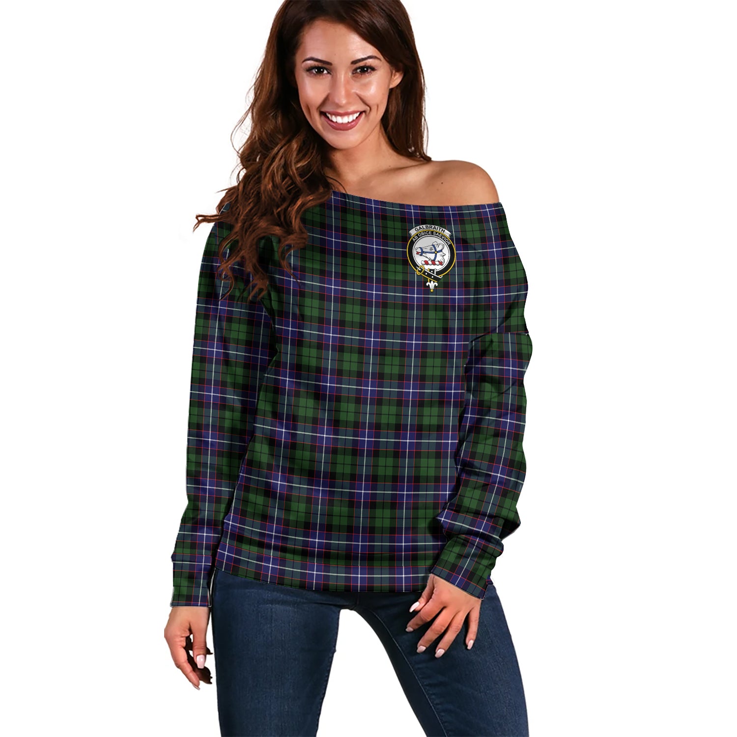 Galbraith Modern Tartan Off Shoulder Women Sweater with Family Crest Women - Tartanvibesclothing