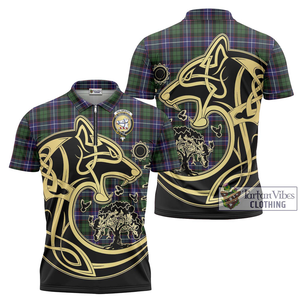 Galbraith Modern Tartan Zipper Polo Shirt with Family Crest Celtic Wolf Style Unisex - Tartanvibesclothing Shop