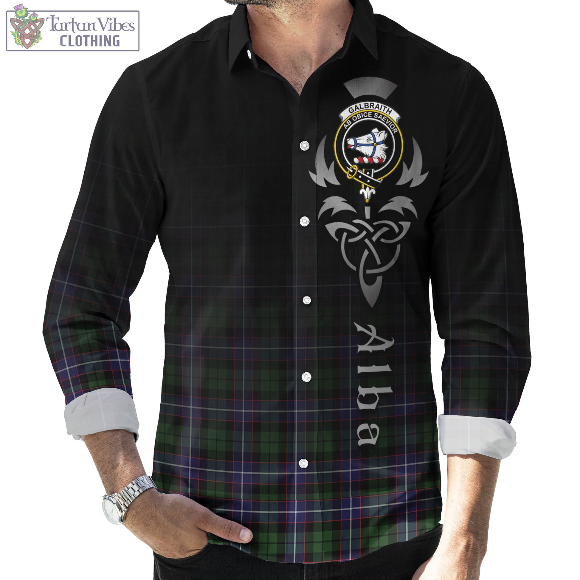 Tartan Vibes Clothing Galbraith Modern Tartan Long Sleeve Button Up Featuring Alba Gu Brath Family Crest Celtic Inspired