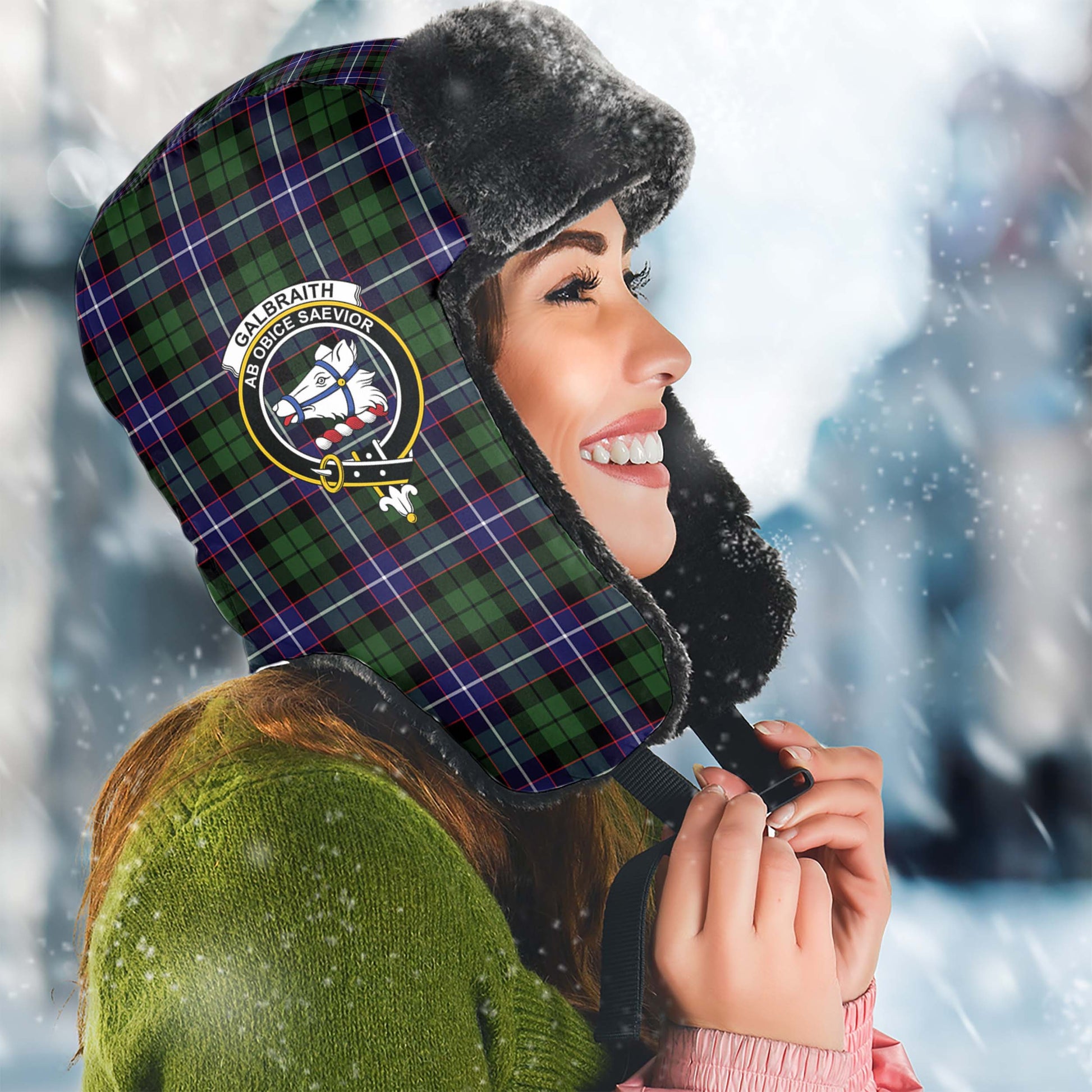 Galbraith Modern Tartan Winter Trapper Hat with Family Crest Winter Trapper Hat Universal Fit Circumference 22.8in (58cm) - Tartanvibesclothing