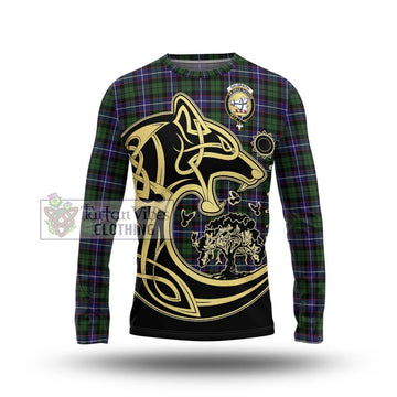 Galbraith Modern Tartan Long Sleeve T-Shirt with Family Crest Celtic Wolf Style