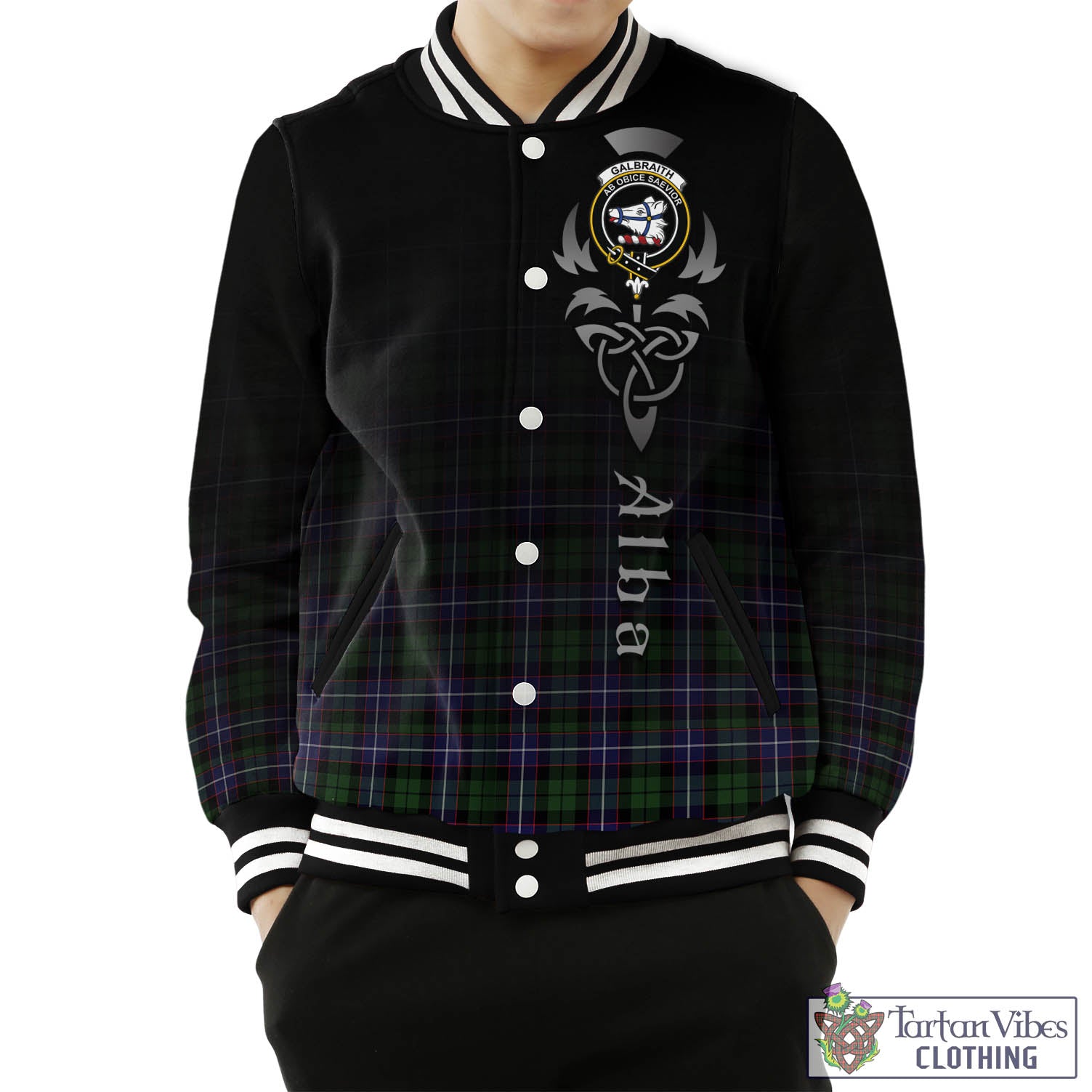 Tartan Vibes Clothing Galbraith Modern Tartan Baseball Jacket Featuring Alba Gu Brath Family Crest Celtic Inspired