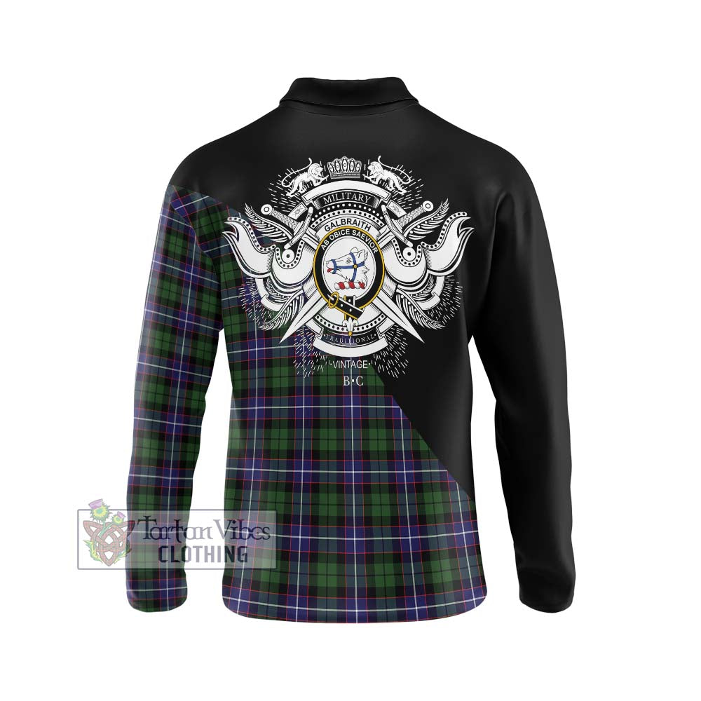 Galbraith Modern Tartan Long Sleeve Polo Shirt with Family Crest and Military Logo Style - Tartanvibesclothing Shop