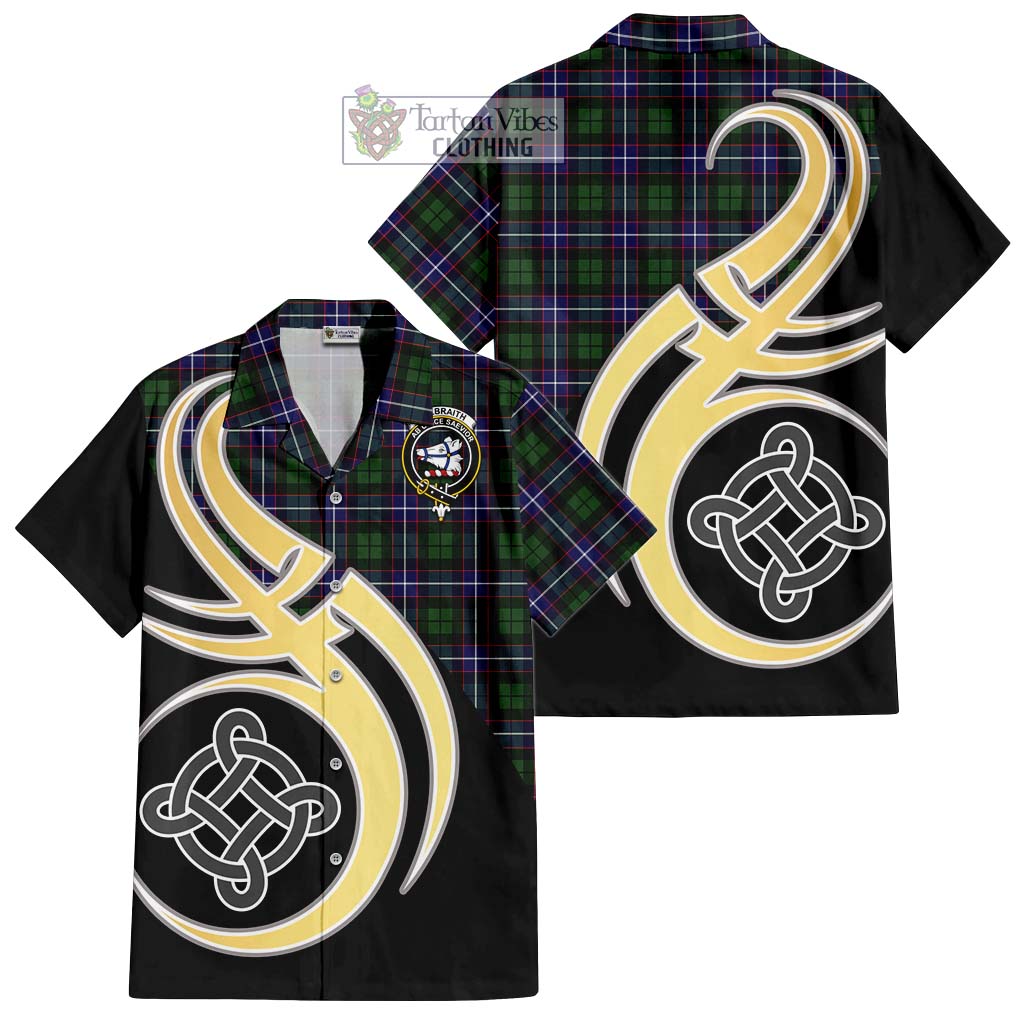 Galbraith Modern Tartan Short Sleeve Button Shirt with Family Crest and Celtic Symbol Style - Tartan Vibes Clothing