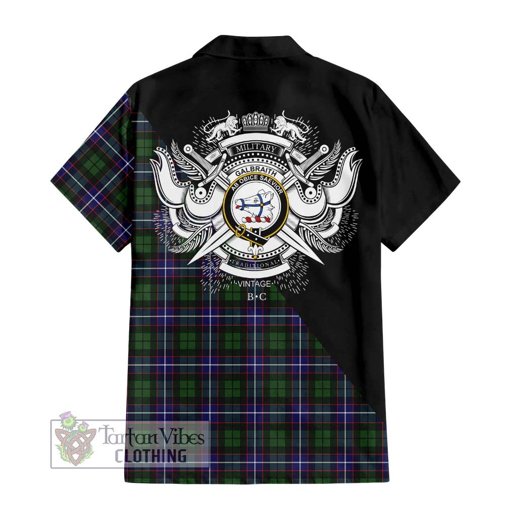 Galbraith Modern Tartan Short Sleeve Button Shirt with Family Crest and Military Logo Style - Tartanvibesclothing Shop