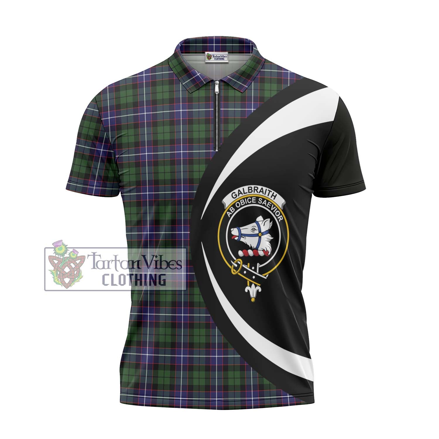 Tartan Vibes Clothing Galbraith Modern Tartan Zipper Polo Shirt with Family Crest Circle Style