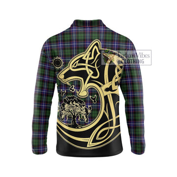 Galbraith Modern Tartan Long Sleeve Polo Shirt with Family Crest Celtic Wolf Style