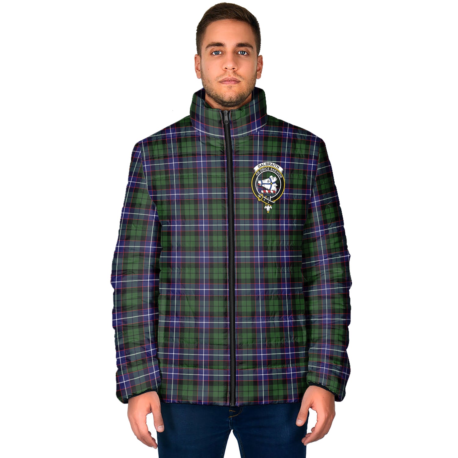 Galbraith Modern Tartan Padded Jacket with Family Crest - Tartan Vibes Clothing