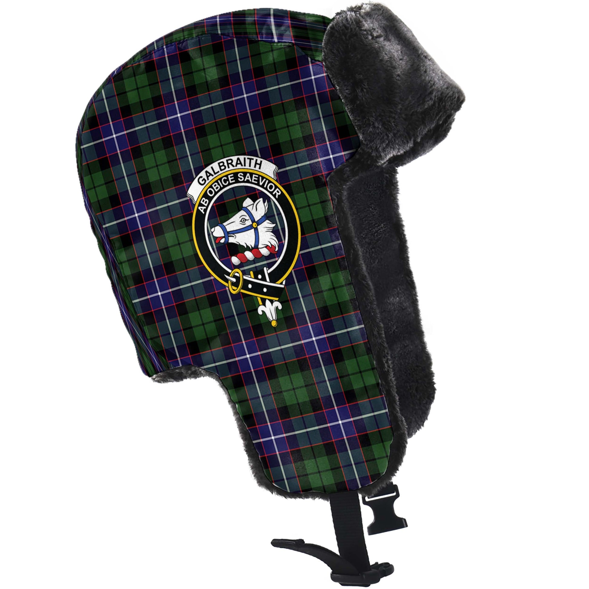 Galbraith Modern Tartan Winter Trapper Hat with Family Crest - Tartanvibesclothing