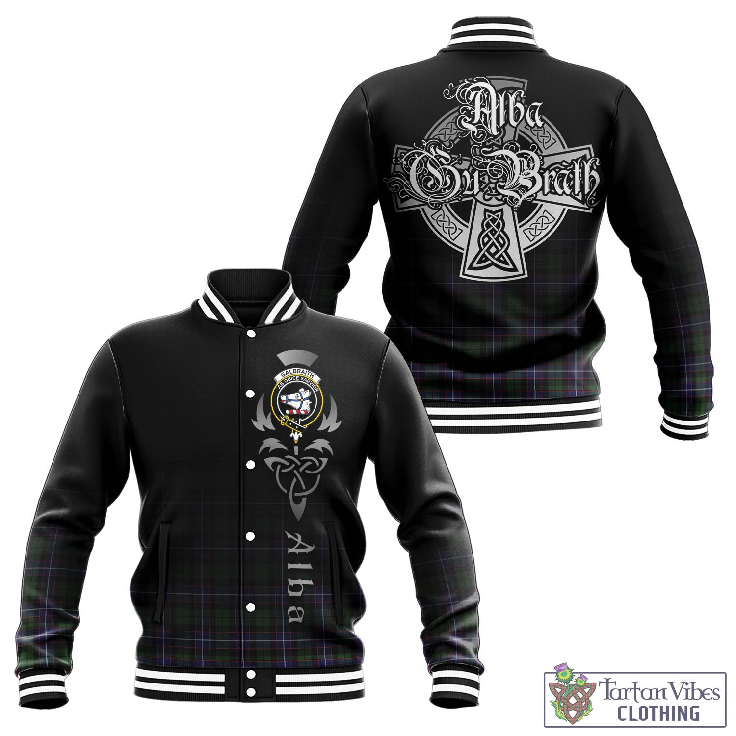 Tartan Vibes Clothing Galbraith Modern Tartan Baseball Jacket Featuring Alba Gu Brath Family Crest Celtic Inspired