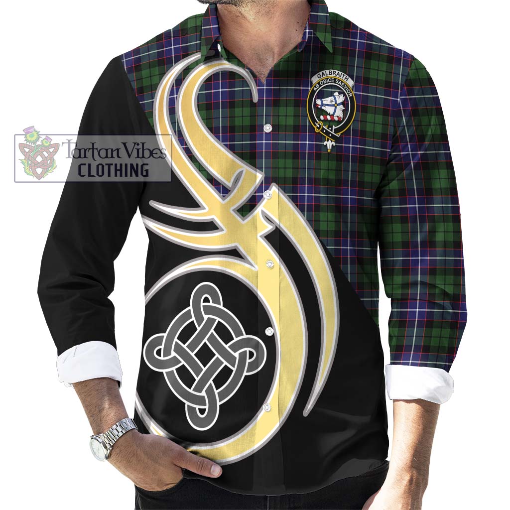 Galbraith Modern Tartan Long Sleeve Button Shirt with Family Crest and Celtic Symbol Style - Tartan Vibes Clothing