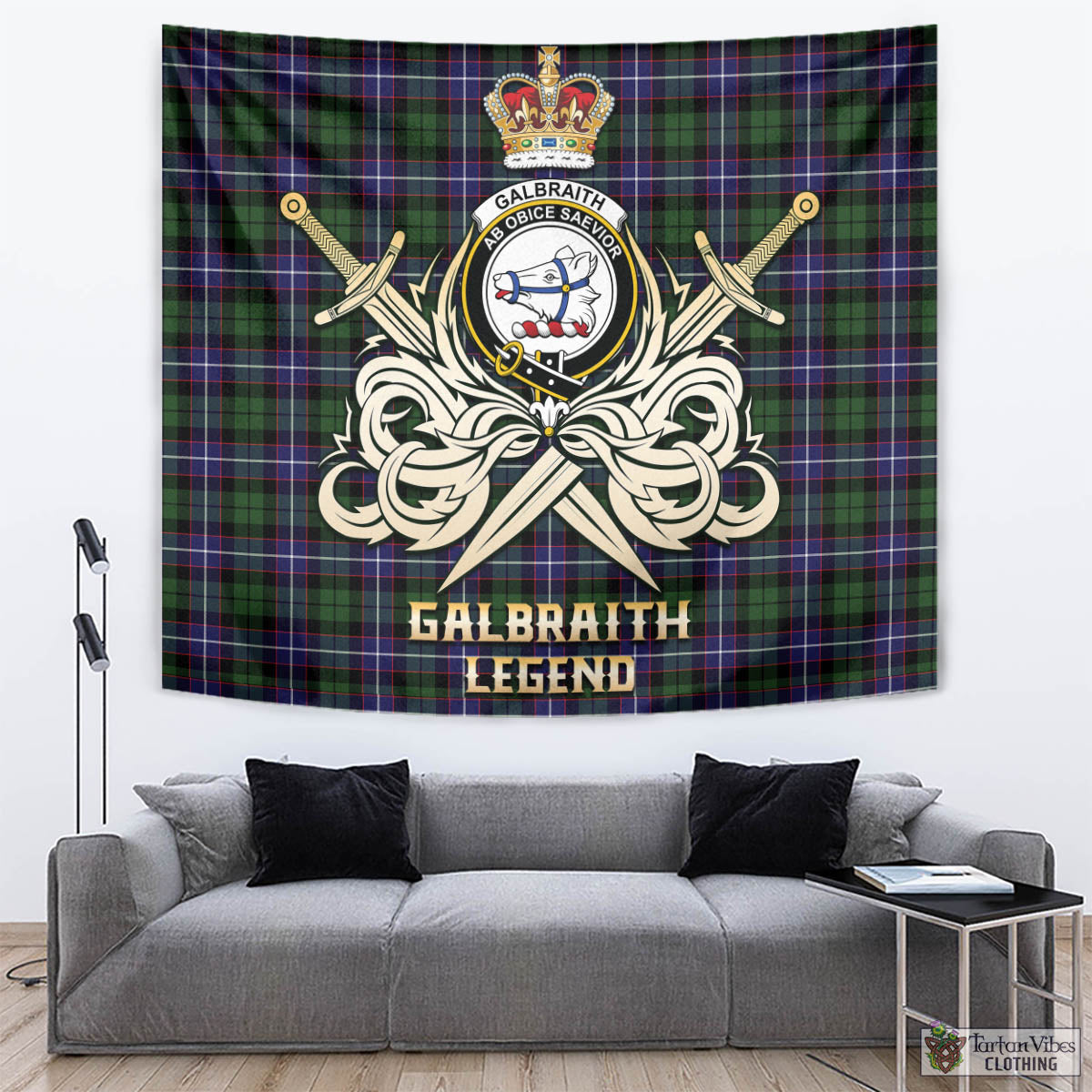 Tartan Vibes Clothing Galbraith Modern Tartan Tapestry with Clan Crest and the Golden Sword of Courageous Legacy