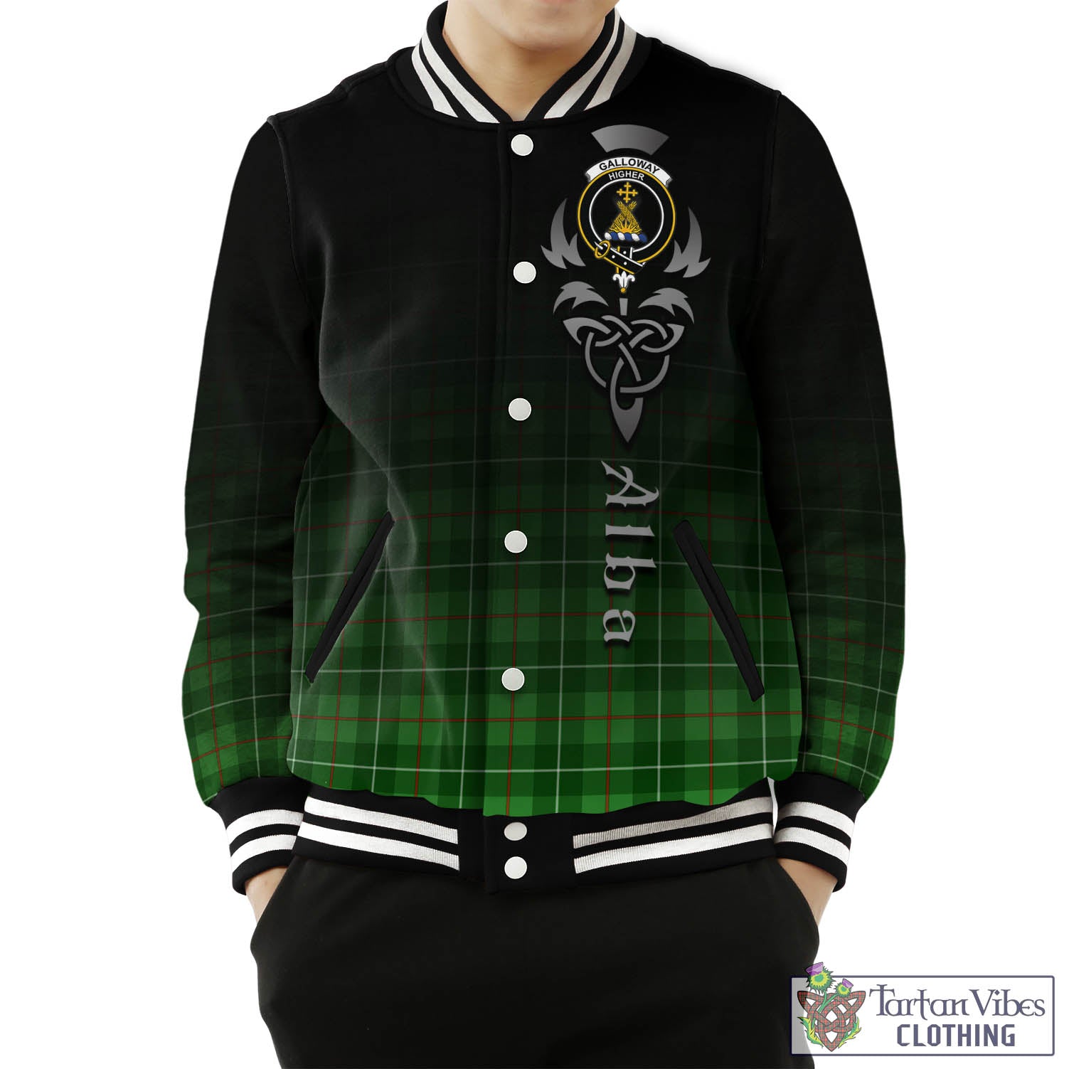 Tartan Vibes Clothing Galloway Tartan Baseball Jacket Featuring Alba Gu Brath Family Crest Celtic Inspired