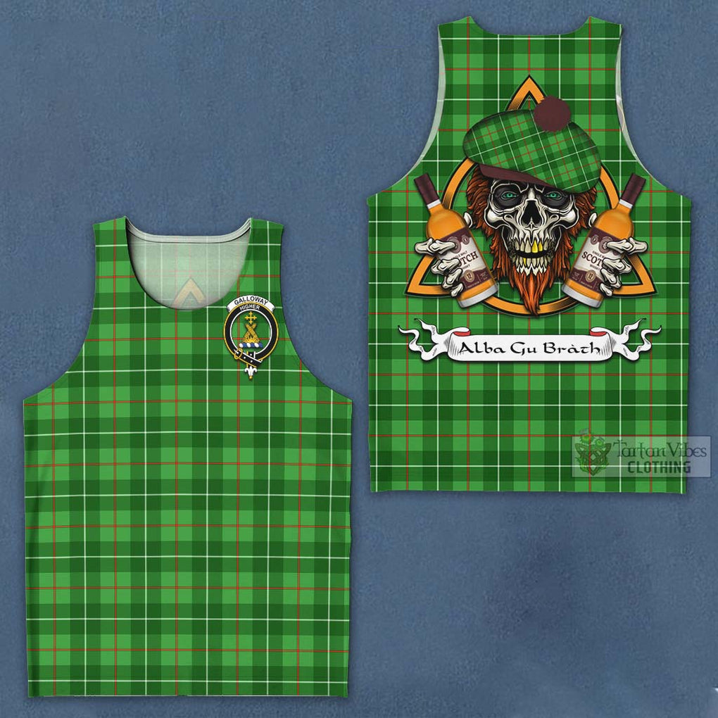 Tartan Vibes Clothing Galloway Tartan Men's Tank Top with Family Crest and Bearded Skull Holding Bottles of Whiskey