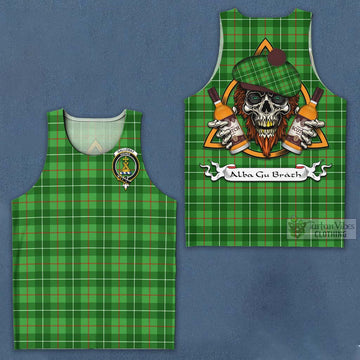 Galloway Tartan Men's Tank Top with Family Crest and Bearded Skull Holding Bottles of Whiskey