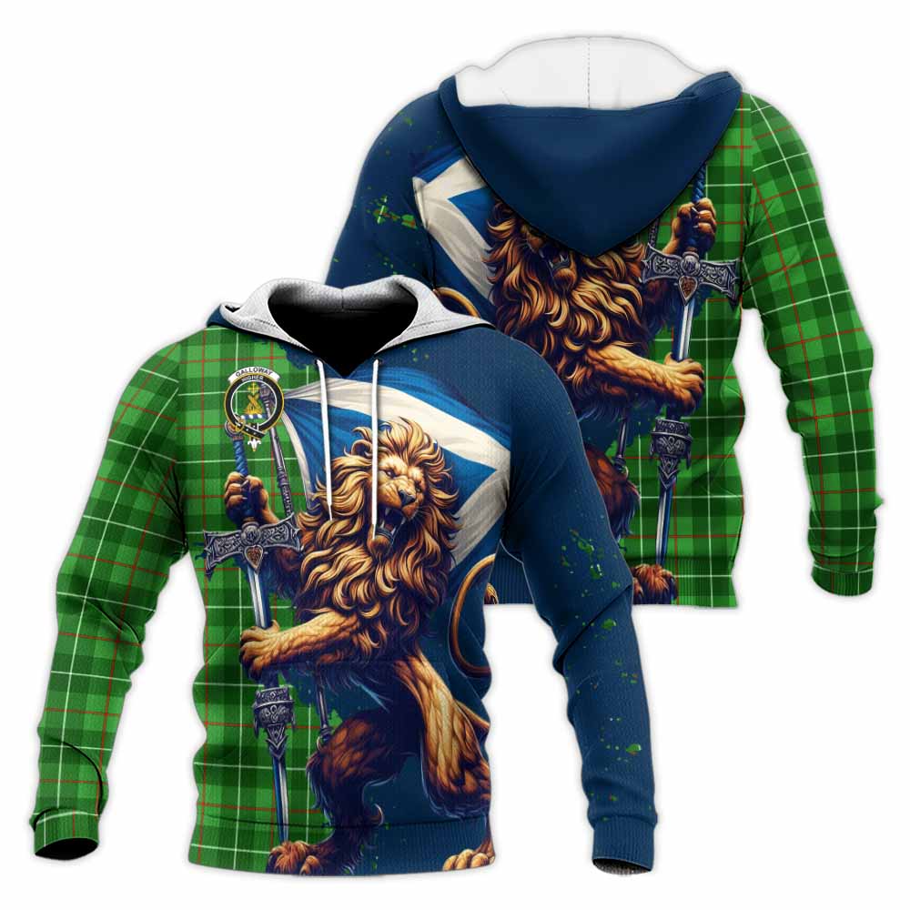 Tartan Vibes Clothing Galloway Tartan Family Crest Knitted Hoodie with Scottish Majestic Lion