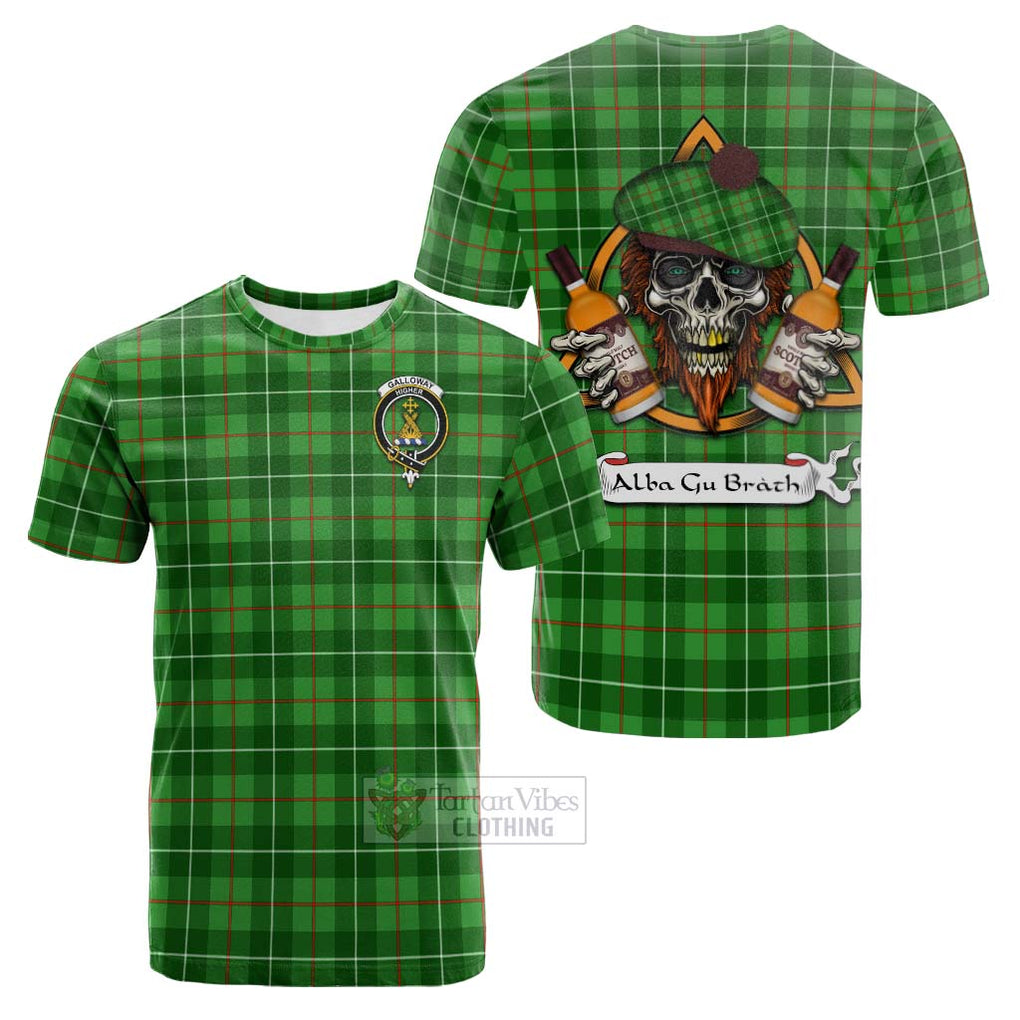 Tartan Vibes Clothing Galloway Tartan Cotton T-shirt with Family Crest and Bearded Skull Holding Bottles of Whiskey