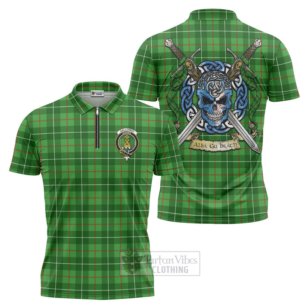 Tartan Vibes Clothing Galloway Tartan Zipper Polo Shirt with Family Crest Celtic Skull Style