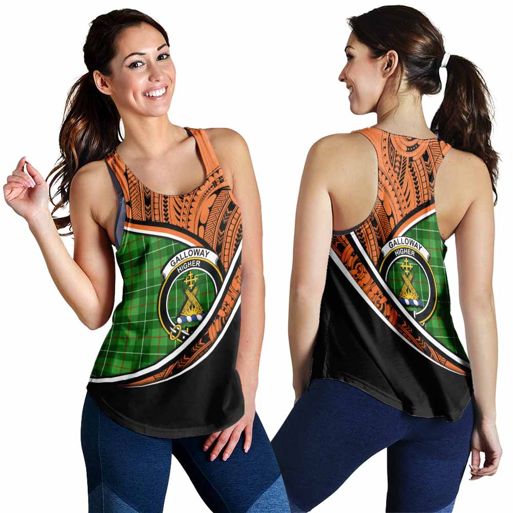 Tartan Vibes Clothing Galloway Crest Tartan Women's Racerback Tanks with Maori Tattoo Style - Orange Version