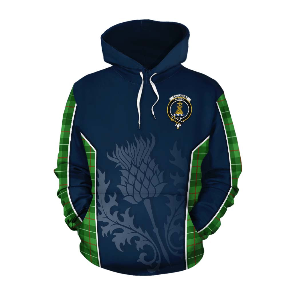 Tartan Vibes Clothing Galloway Tartan Cotton Hoodie with Family Crest and Scottish Thistle Vibes Sport Style