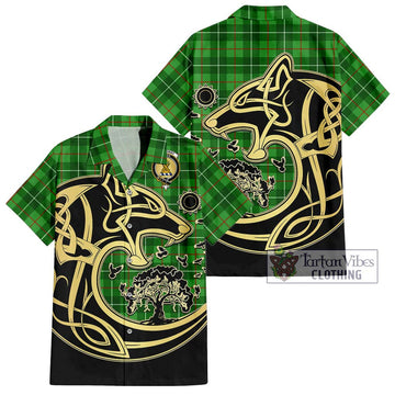 Galloway Tartan Short Sleeve Button Shirt with Family Crest Celtic Wolf Style