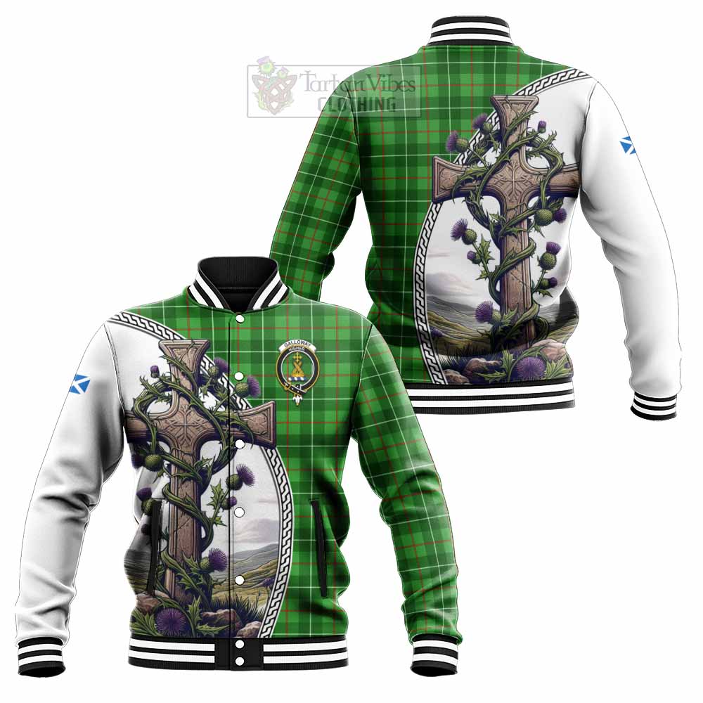 Tartan Vibes Clothing Galloway Tartan Baseball Jacket with Family Crest and St. Andrew's Cross Accented by Thistle Vines