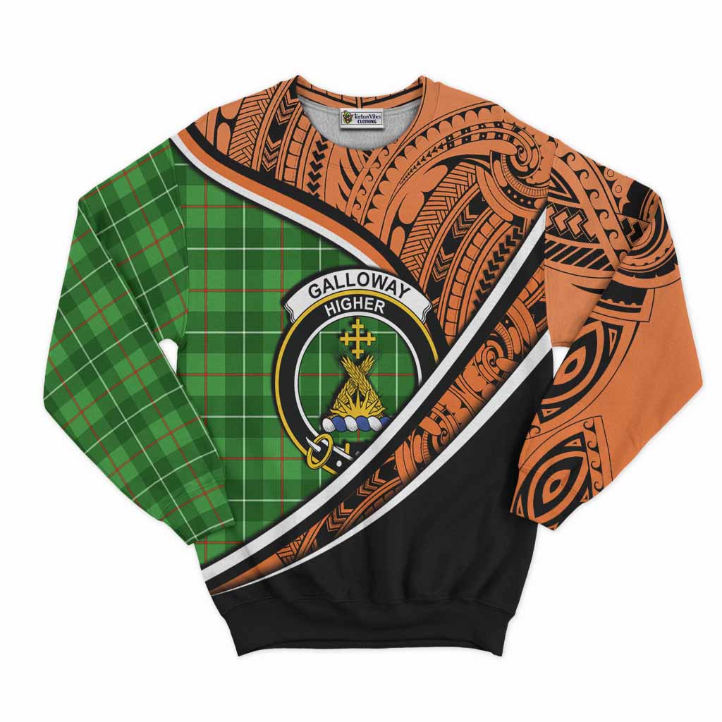 Tartan Vibes Clothing Galloway Crest Tartan Sweatshirt with Maori Tattoo Style - Orange Version