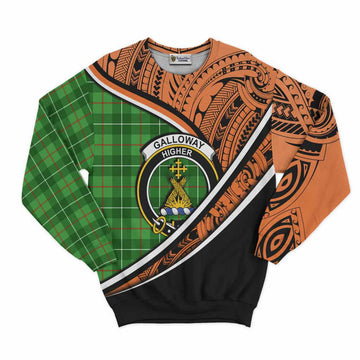 Galloway Crest Tartan Sweatshirt with Polynesian Vibes Style - Orange Version